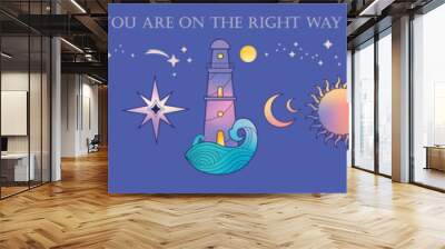 Mystical spiritual vector collection of magic awakening symbols: lighthouse, sun and moon, cat etc. Psychology, philosophy, mind, energy, yoga and spirit  insight and subconscious concept Wall mural