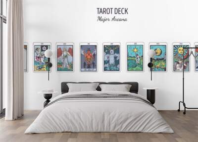 Tarot card colorful deck.  Major arcana set part  . Vector hand drawn engraved style. Occult and alchemy symbolism. The fool, magician, high priestess, empress, emperor, lovers, hierophant, chariot Wall mural