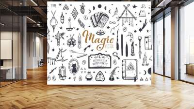 Witchcraft, magic background for witches and wizards. Wicca and pagan tradition. Vector vintage collection. Hand drawn elements candles, book of shadows, potion, tarot cards etc. Wall mural