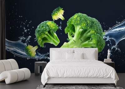 Broccoli in splashes. Falling of broccoli with water splash on isolate transparency background Wall mural