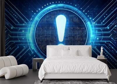 exclamation mark icon with glowing binary code on blue background Wall mural