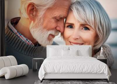 Close up of a mature beautiful Scandinavian couple consisting of an older Nordic Caucasian man and an older European Scandinavian woman who are in love. The shot shows details of their faces Wall mural