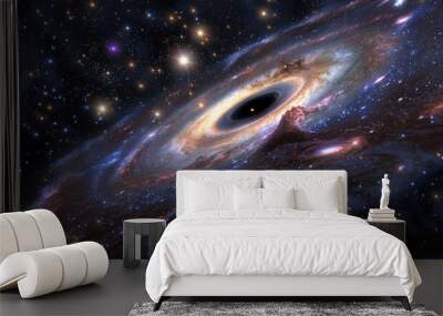 A black hole is surrounded by a bright blue and purple sky Wall mural