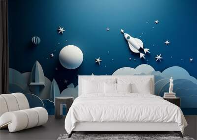 A blue sky with a rocket flying through it and a moon in the background Wall mural