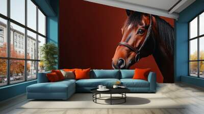 A brown horse with a bridle on its head Wall mural