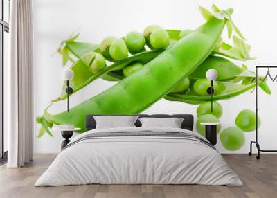 A bunch of green peas and green beans are on a white background Wall mural