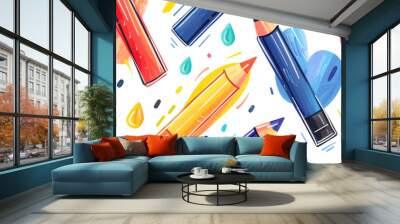 A colorful drawing of pencils with a white background Wall mural