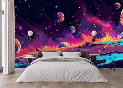 A colorful space scene with a planet in the middle and a comet flying by Wall mural