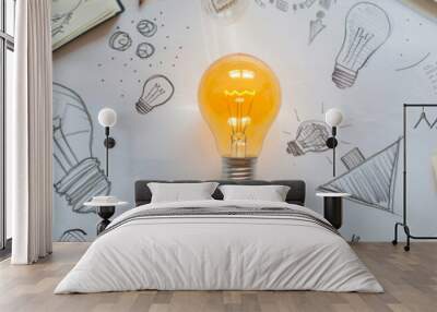 A drawing of a light bulb on a piece of paper with other drawings and writing around it. Scene is creative and imaginative Wall mural