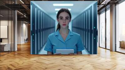 A focused professional stands in a data center, holding a tablet, surrounded by rows of server racks, embodying modern technology and innovation. Wall mural