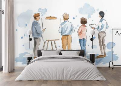 A group of people standing around a white board Wall mural