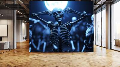 A group of stylized skeletons celebrating under a full moon background. Wall mural