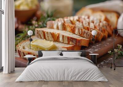 A loaf of bread with a slice missing and a jar of butter on the table Wall mural