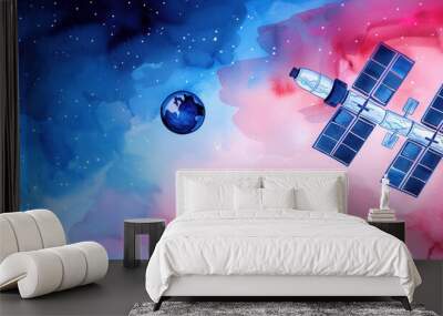 A painting of a space shuttle and a planet Wall mural