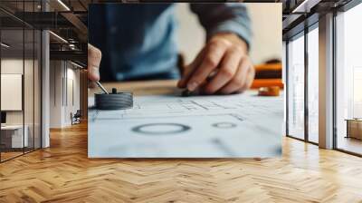 A person sketches technical designs with precision tools, showcasing creativity in engineering and design on a blueprint. Wall mural