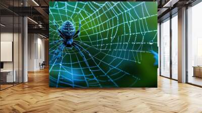 A spider is sitting on a web in the rain Wall mural