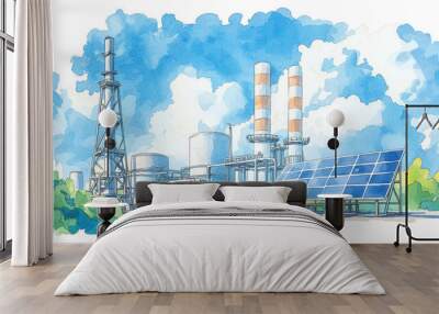 A vivid illustration of a modern industrial facility featuring solar panels, smoke stacks, and storage tanks under a blue sky. Wall mural