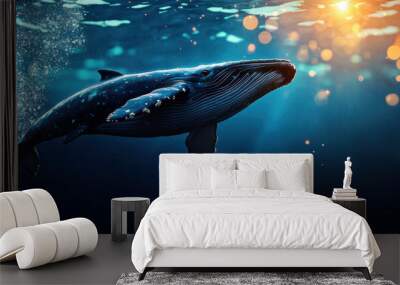 A whale is swimming in the ocean with bubbles coming out of its mouth Wall mural