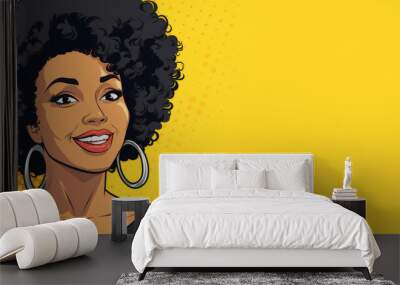 A woman with curly hair is smiling at the camera Wall mural