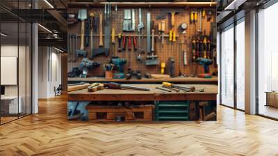 A woodworking shop with tools on a table Wall mural