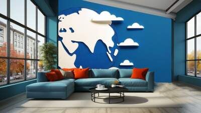 Abstract 3D paper-cut style image of Earth with clouds on a blue background, representing global environment and sustainability themes. Wall mural