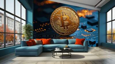 Bitcoin coin on a circuit board with glowing lights and detailed patterns. Wall mural