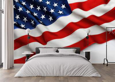 Close-up of a waving American flag showcasing its red, white, and blue colors with stars and stripes, symbolizing freedom and patriotism. Wall mural