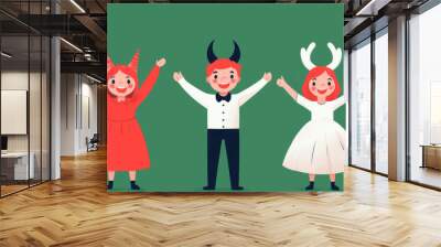 Costume contest at Halloween party, colorful characters, flat design illustration Wall mural