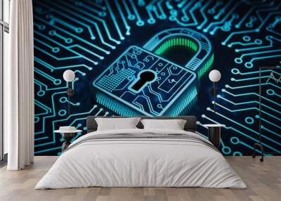 Digital padlock over circuit board, neon blue highlights, modern security concept Wall mural