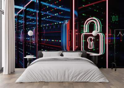 Digital security illustration with glowing padlock on server rack, dark background. Wall mural