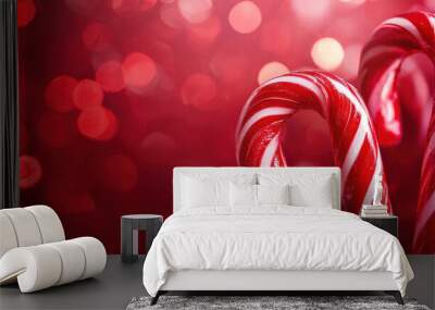 Festive holiday candy canes with red and white stripes on a vibrant red bokeh background, capturing the essence of Christmas celebrations. Wall mural