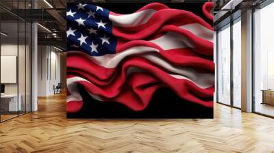 Flowing American flag against a dark background, showcasing stars and stripes, symbolizing patriotism, unity, and national pride. Wall mural