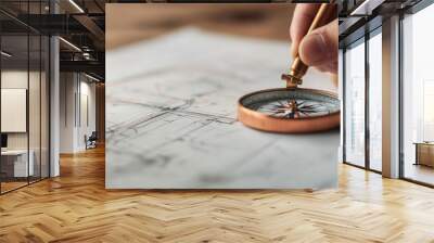 Hand using compass on architectural blueprint for design analysis. Wall mural