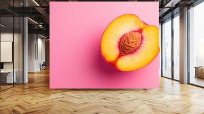 Juicy peach being cut in half, juice running down the sides, summer vibes, bright and fresh Wall mural