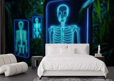 Neon blue skeleton illustrations in a lush green environment. Wall mural