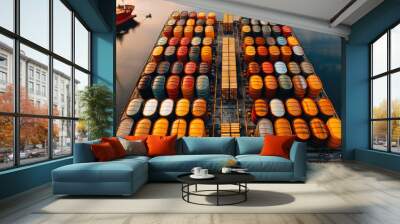 Oil barrels stacked at port, global trade, oil market dynamics Wall mural