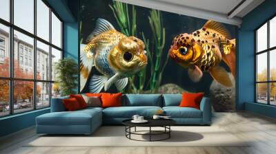 Two gold and white fish are swimming in a tank with green plants Wall mural