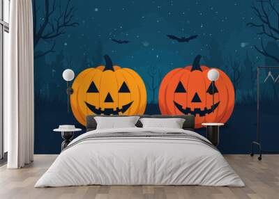 Two jack-o'-lanterns with different expressions, nighttime setting, flat design illustration Wall mural