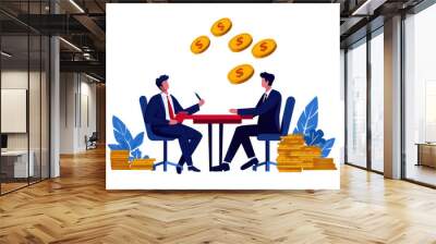 Two men sitting at a table with stacks of money in front of them Wall mural