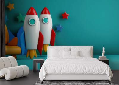 Two rockets are on a blue background with stars Wall mural