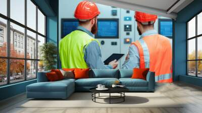 Two workers in safety gear monitor equipment on screens, utilizing a tablet in an industrial setting. Wall mural