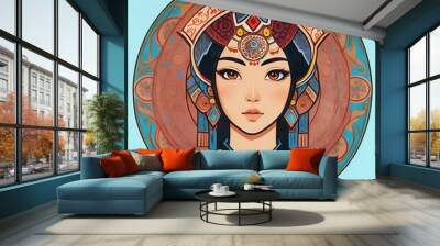 Illustration of a woman in a round structure designed with cultural-themed local patterns
 Wall mural