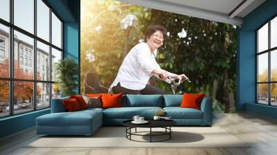 Elderly Asian woman biking Wall mural