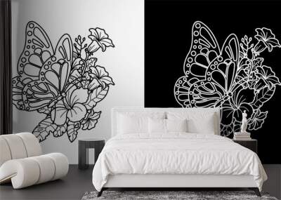 butterfly and flower tattoos, illustration of a butterfly resting on a flower, monoline design Wall mural