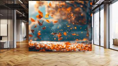 autumn scene in the park with falling leaves by generative ai Wall mural