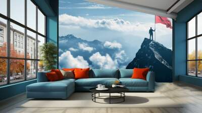 business person holding flag on top of the mountain peak in generative ai Wall mural