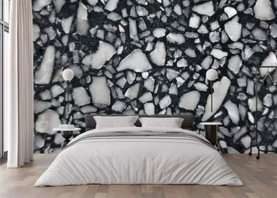 real black terrazzo stone texture background for interior vintage mood and tone. white and grey irregular stone fragments on black stone background. trendy and stylish composite stone texture. Wall mural