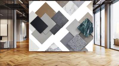 samples of interior material contains ceramic tiles, artificial stones, marbles, stainless, quartz, terrazzo isolated on background with clipping path. interior design selected material for idea. Wall mural