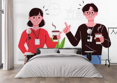 Business conversation illustration. A male office worker and a female office worker are drinking coffee and talking during a break. Wall mural