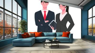 Confident posture female and male office workers. Business concept hand drawn vector illustration. Wall mural